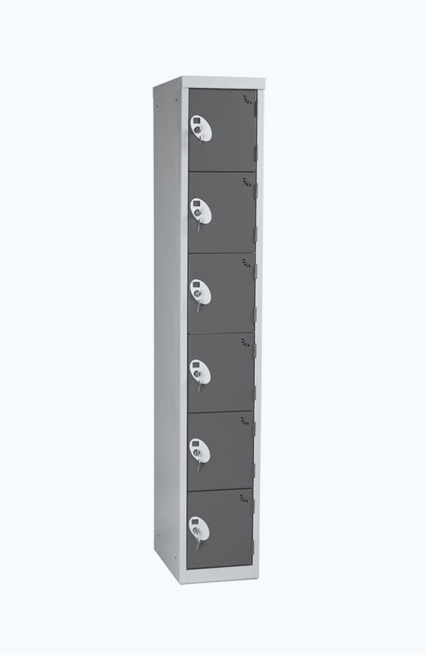 Grey lockable locker with six doors in grey