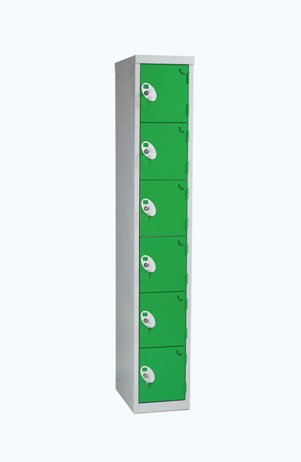 Grey lockable locker with six doors in green