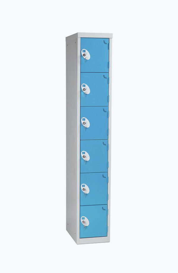 Grey lockable locker with six doors in light blue