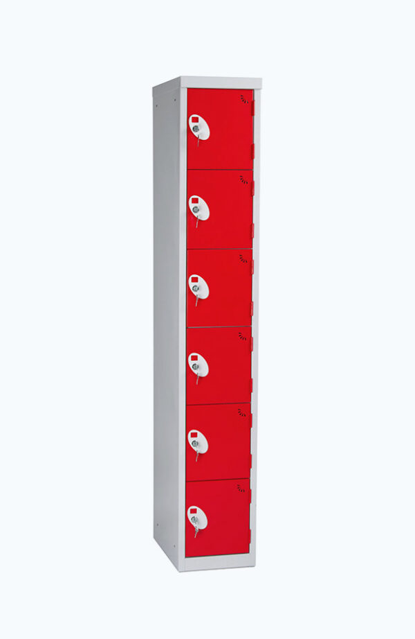 Grey lockable locker with six doors in red