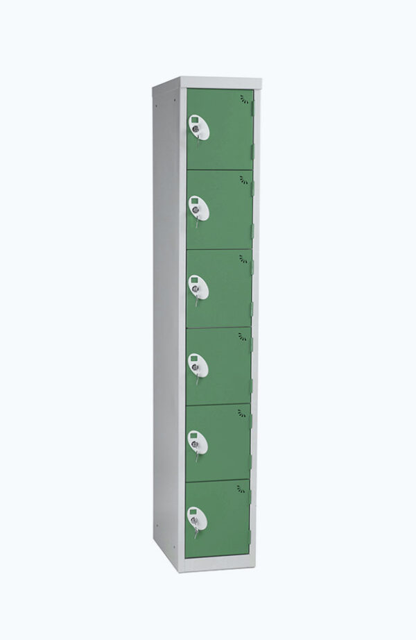 Grey lockable locker with six doors in green