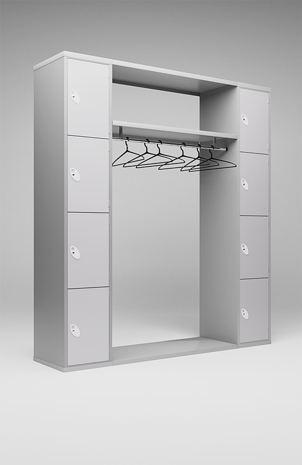 Archway locker in grey with six coat hangers on and eight grey lockers four either side