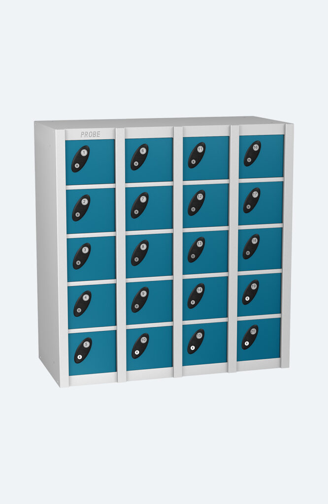 A grey minibox locker with twenty blue doors