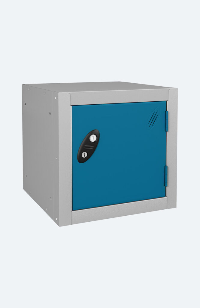 Grey cube locker with blue door
