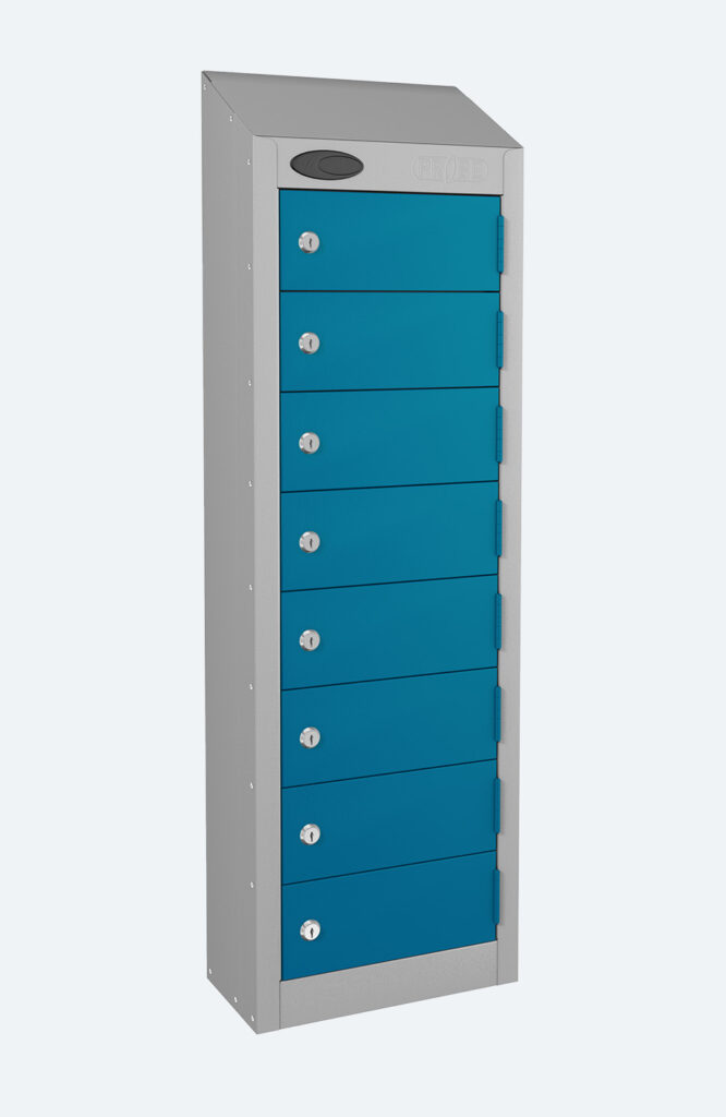 Grey wallet locker with eight lockable blue doors