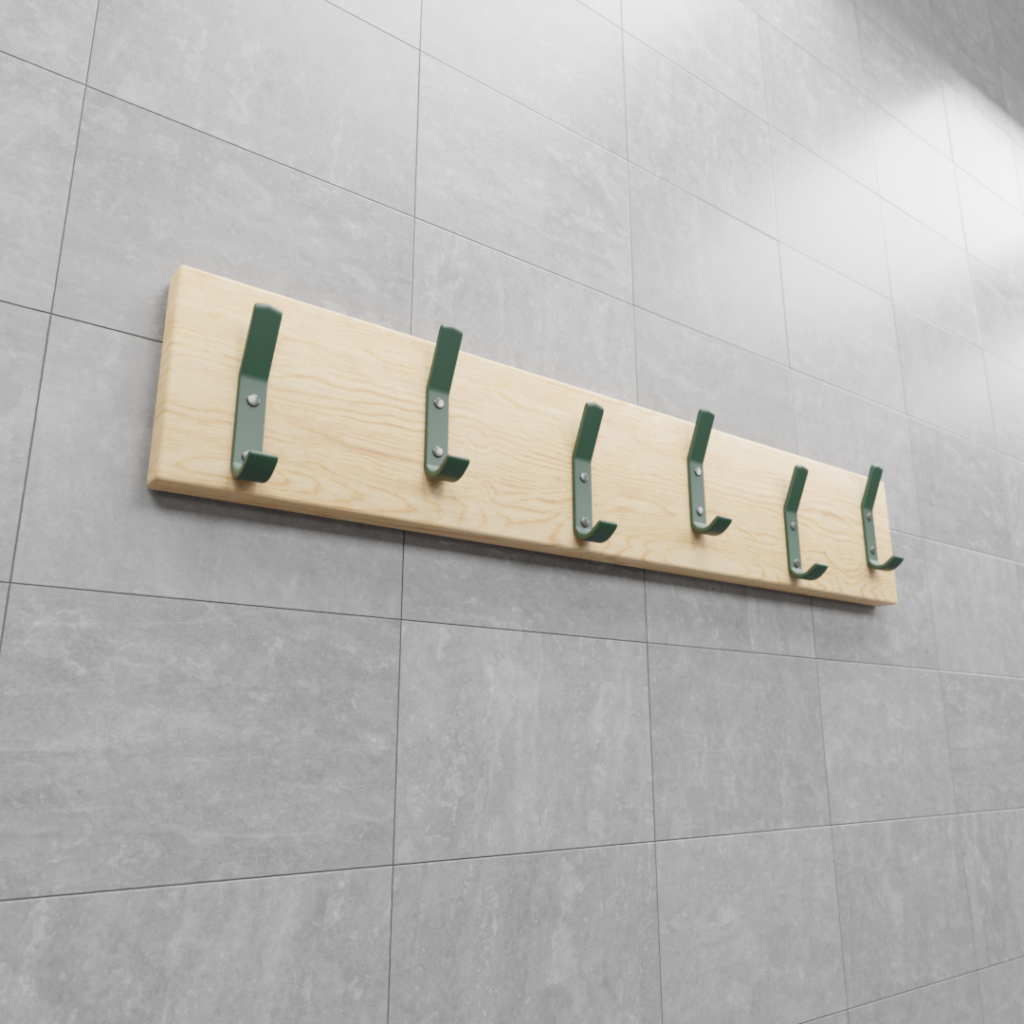 six green pegs on a wooden surface attached to a grey tiled wall