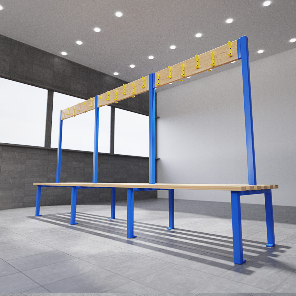 3d image of a double sided island bench seat in blue with yellow hangers in changing room
