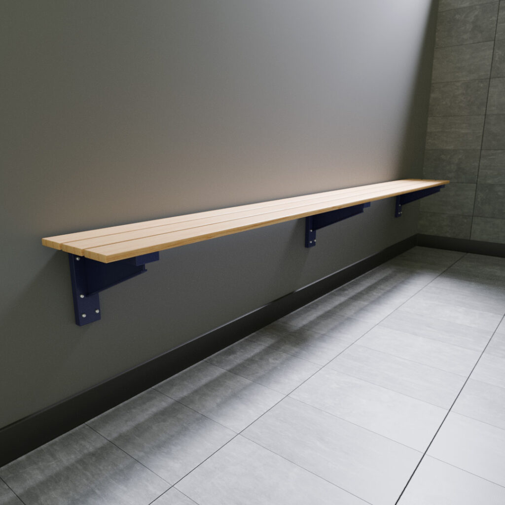 A wooden cantilever bench seat in a changing room on a gray wall