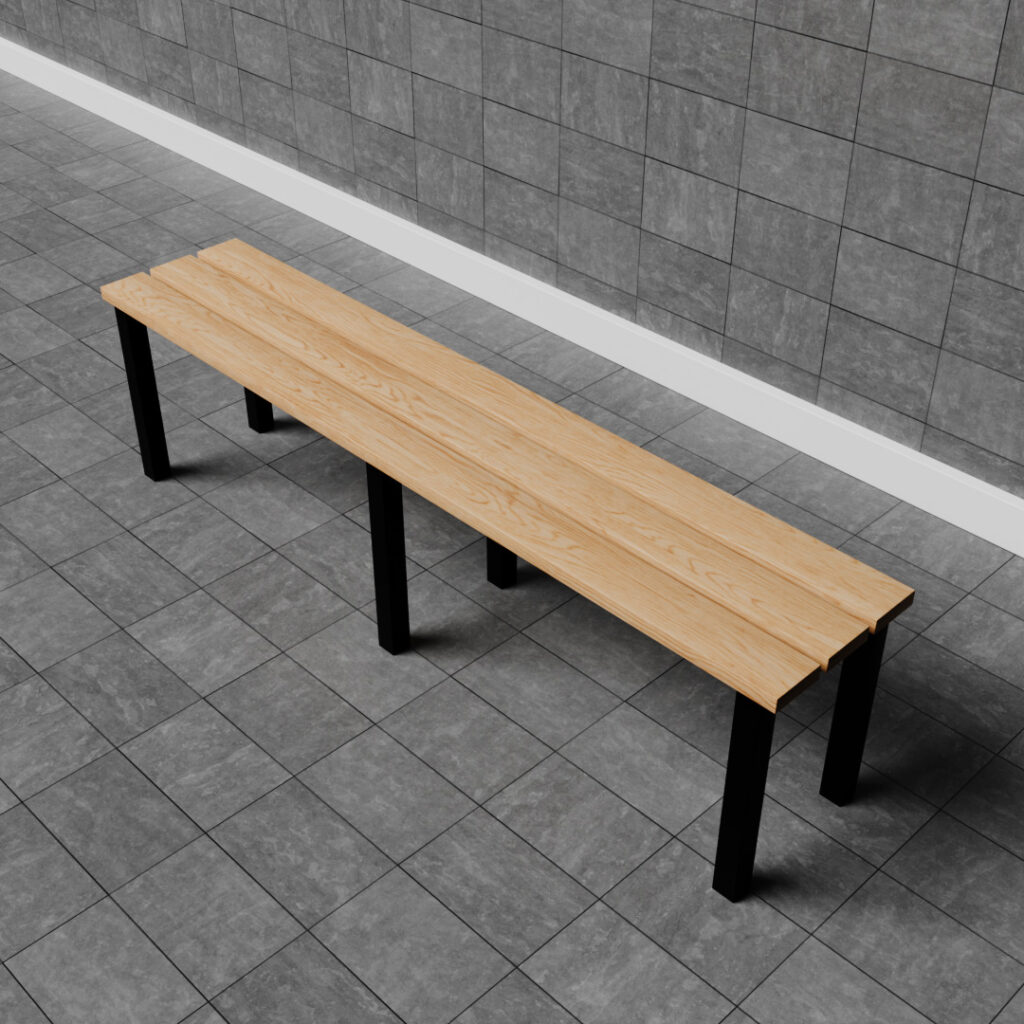 A 3d image of a single sided island bench seat in a grey changing facility